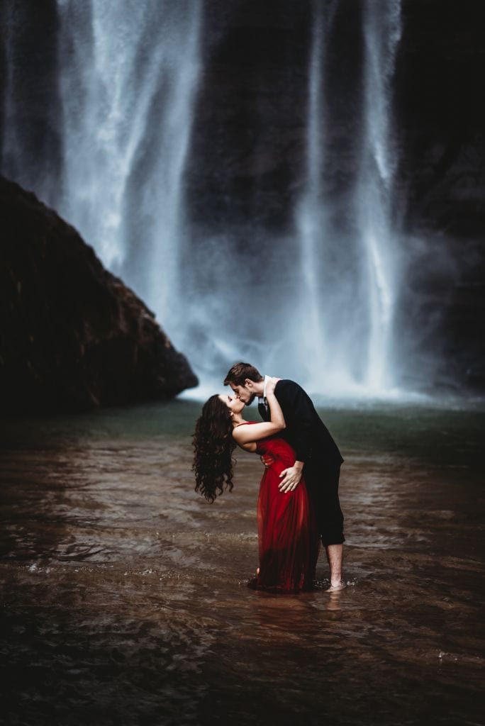 romantic waterfall engagement
