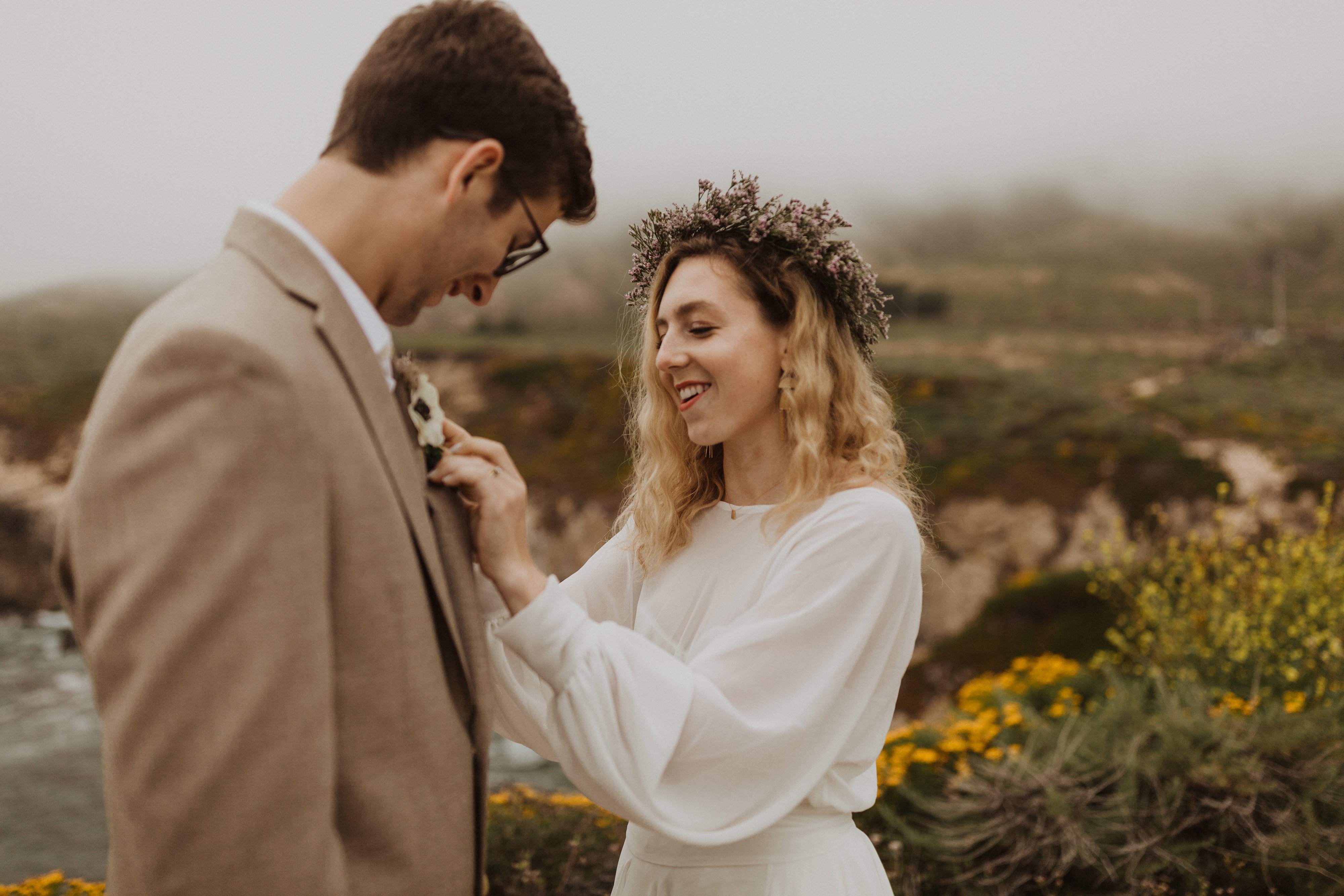 boho bride and groom getting ready to elope in California.