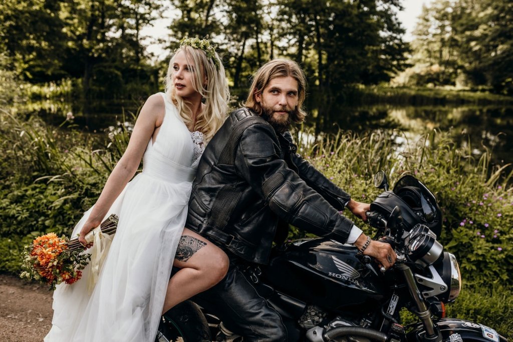 couple on motorcycle during elopement.