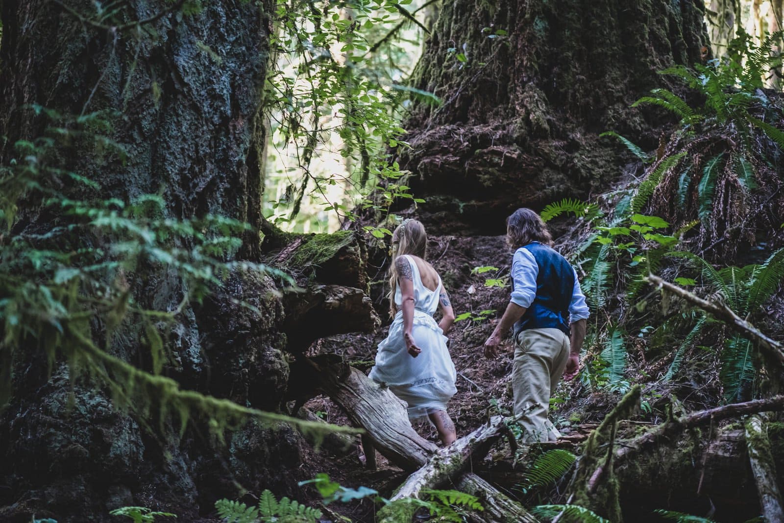 Bride and groom hike in Vancouver Island.