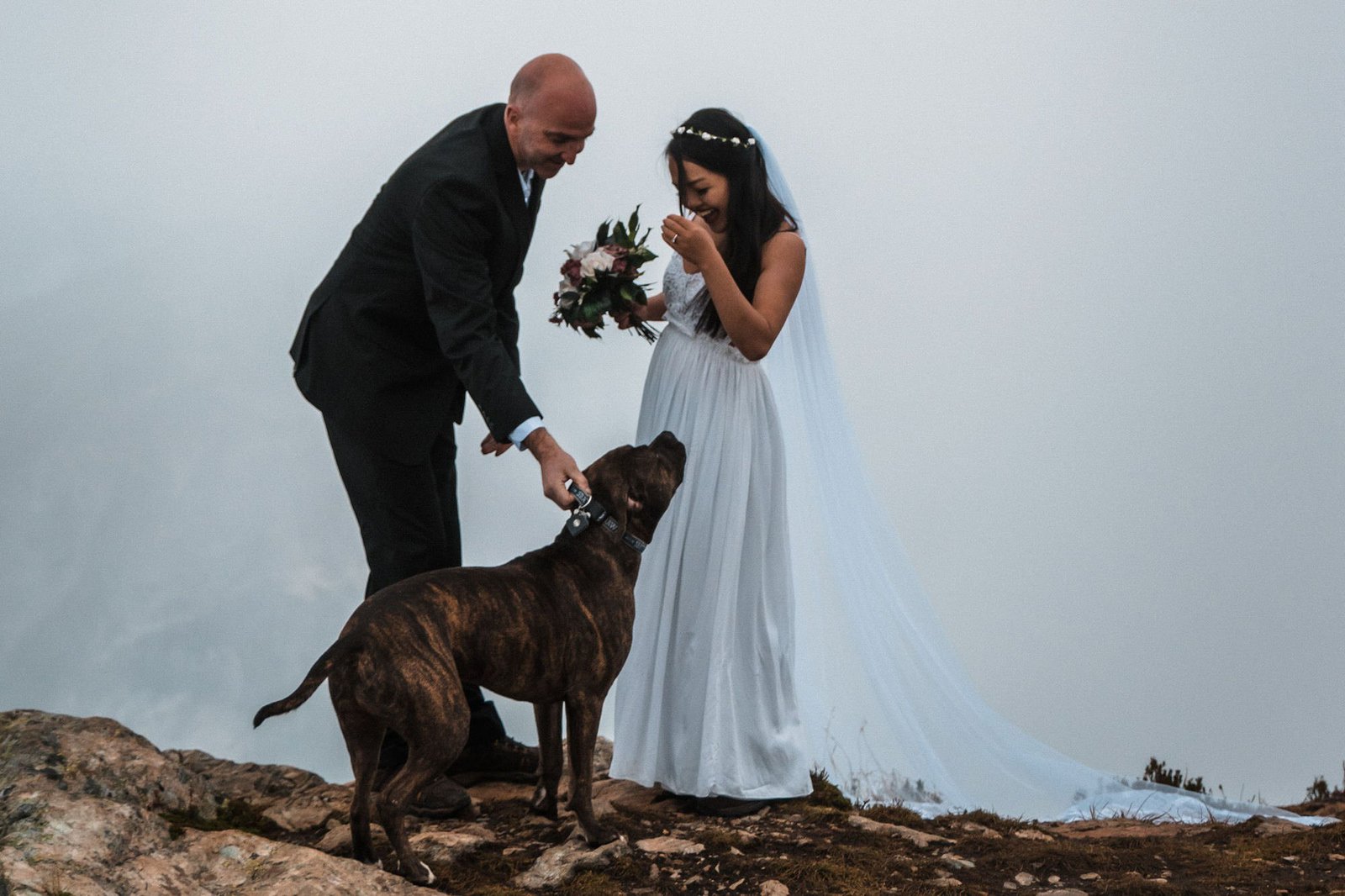 Bride and groom share first look moment with dog.