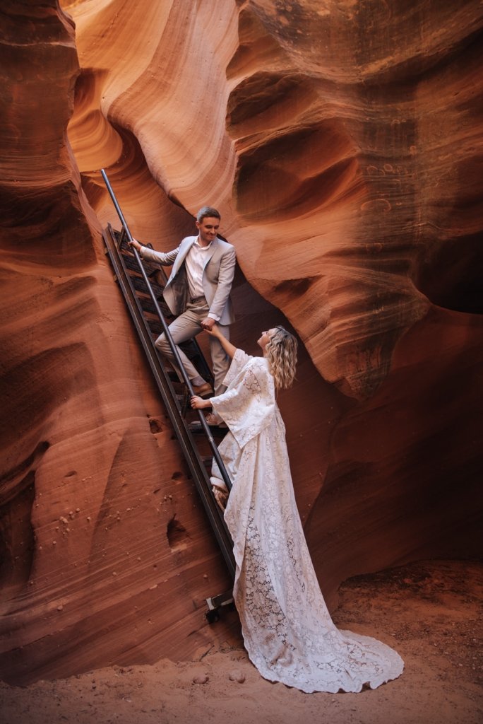 unique wedding portrait in a canyon.